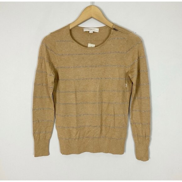 New LOFT Striped Knit Sweater Wool Blend Brown & Silver Size Small Petite Women' - Picture 1 of 3